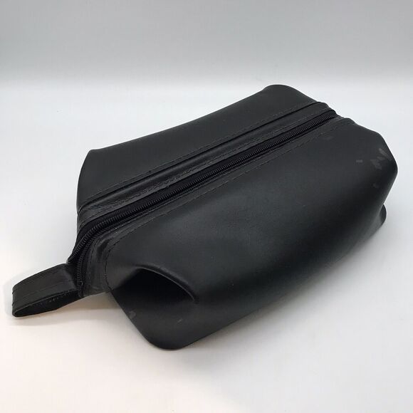 Men's Black Split Leather Zipper Top Pop Up Shaving Kit Toiletry Travel Case - Picture 1 of 8